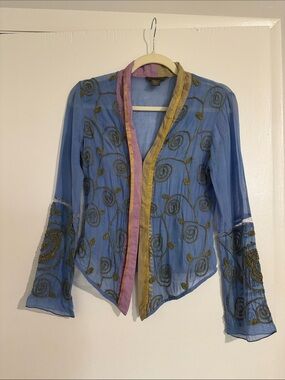 Embellished Sheer Blue Open-Front Blouse with Contrasting Trim